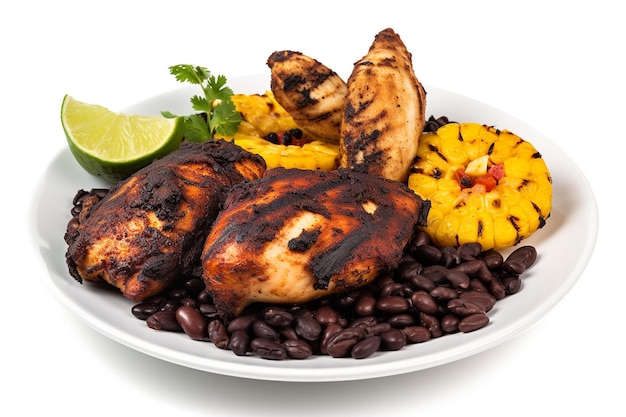 A plate of grilled chicken with black beans and limes.