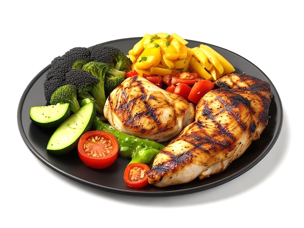 A plate of grilled chicken with fresh vegetable salad healthy food isolated on a white background