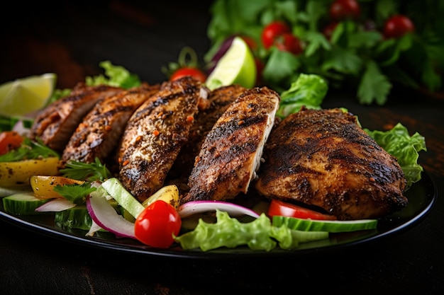 A plate of grilled chicken with lettuce and tomatoes