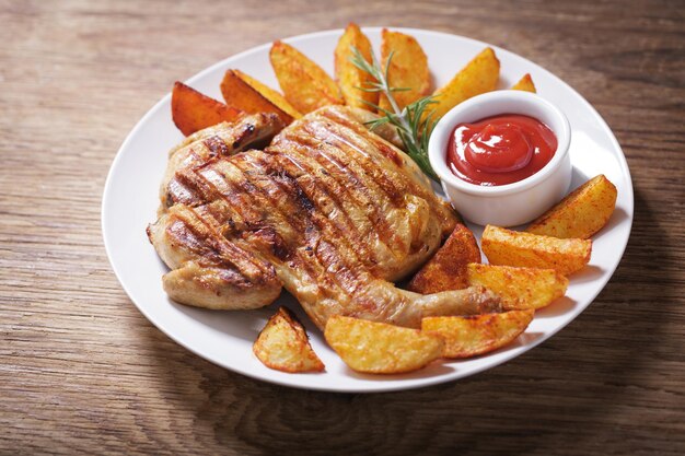 Photo plate of grilled chicken with potatoes
