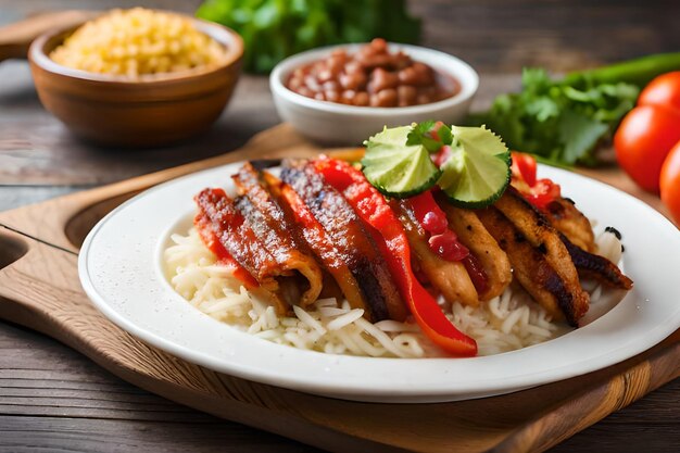 A plate of grilled chicken with rice and beans