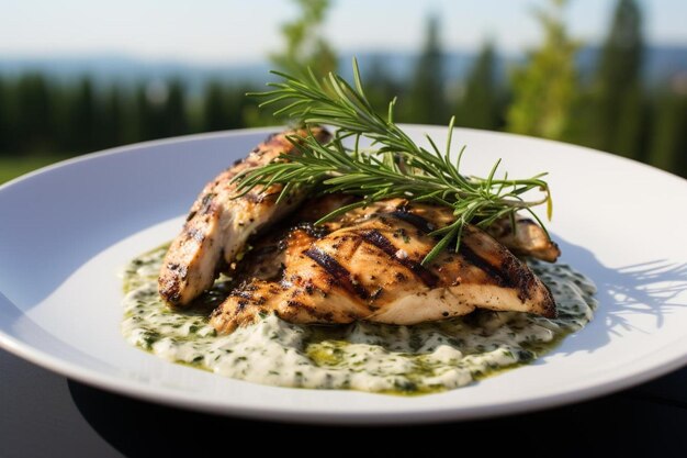 a plate of grilled chicken with rosemary on the top.