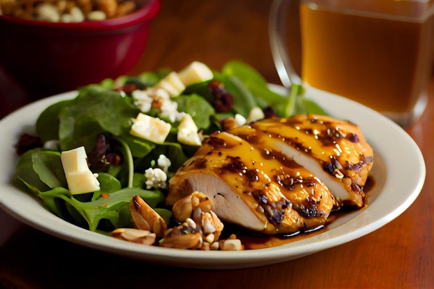 A plate of grilled chicken with a salad and a glass of tea.