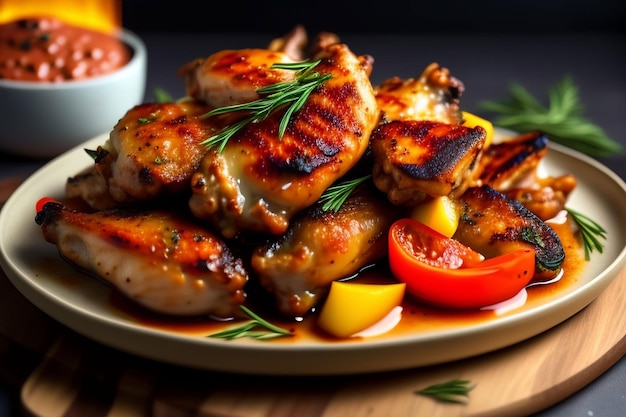 A plate of grilled chicken with a sauce on the side.