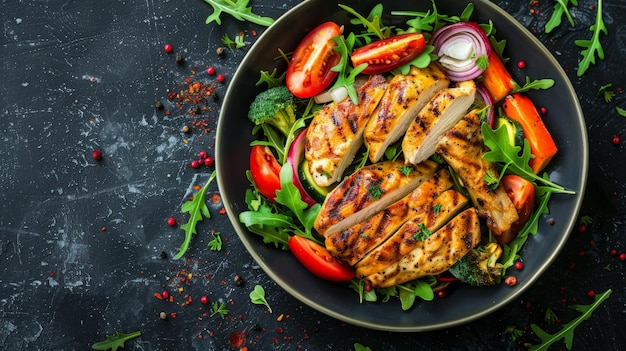 Photo plate of grilled chicken with vegetables on dark background top view