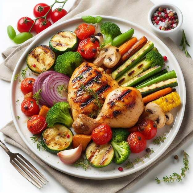 A plate of grilled chicken with vegetables isolated on white background and white plate