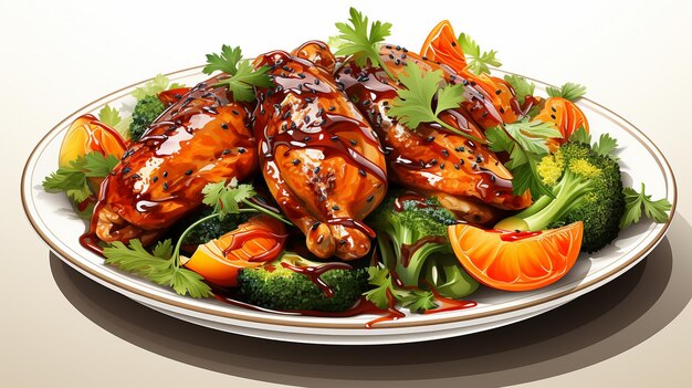 A plate of grilled chicken with vegetables isolated