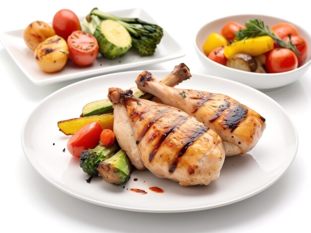 A plate of grilled chicken with vegetables