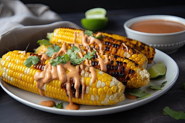 Plate of grilled corn topped with creamy and tangy chipotle sauce