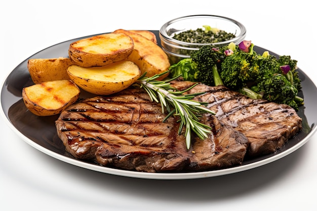 Plate of grilled meat with rosemary and potatoes isolated on white background