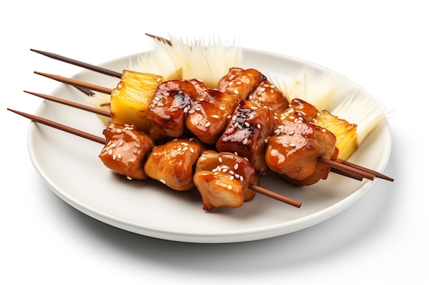 A plate of grilled pineapple skewers with a white background.