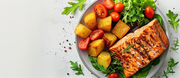 Plate of Grilled Salm Potatoes and Tomatoes