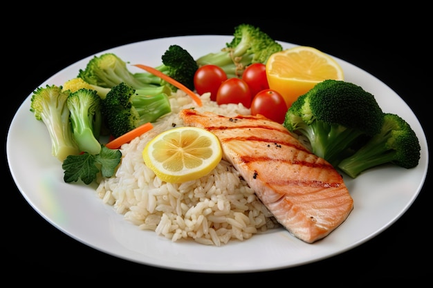 A plate of grilled salmon served with healthful steamed vegetables on a white plate