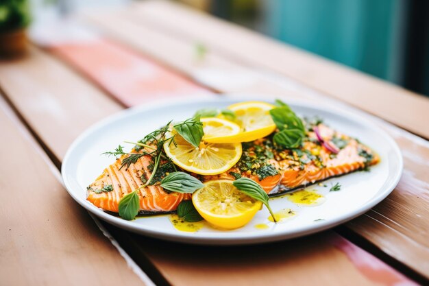 Foto piatto di salmone alla griglia con limone ed erbe