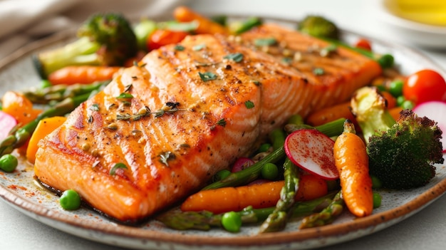 A plate of grilled salmon with vegetables