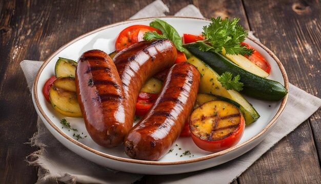 Photo a plate of grilled sausages tomatoes cucumbers and cucumbers