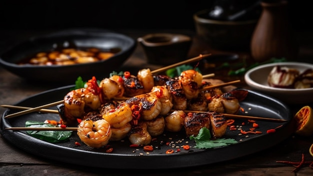 A plate of grilled shrimp skewers with a black background.