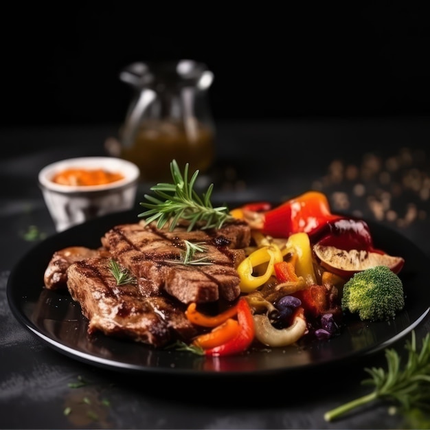 A plate of grilled steak with vegetables and a cup of coffee on the side.