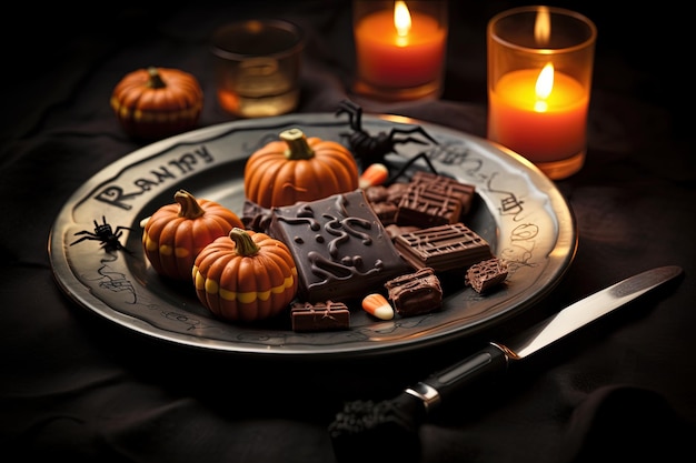 A plate of Halloween candies with a carved pumpkin and RIP gravestone alongside an amputated finger