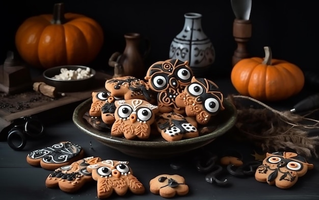 Photo a plate of halloween cookies with a pumpkin on the side.