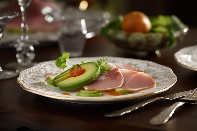 A plate of ham and avocado sits on a table.