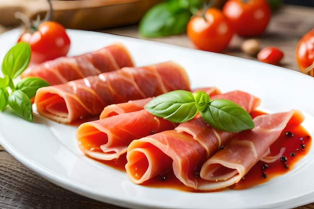 Foto un piatto di prosciutto con il basilico.