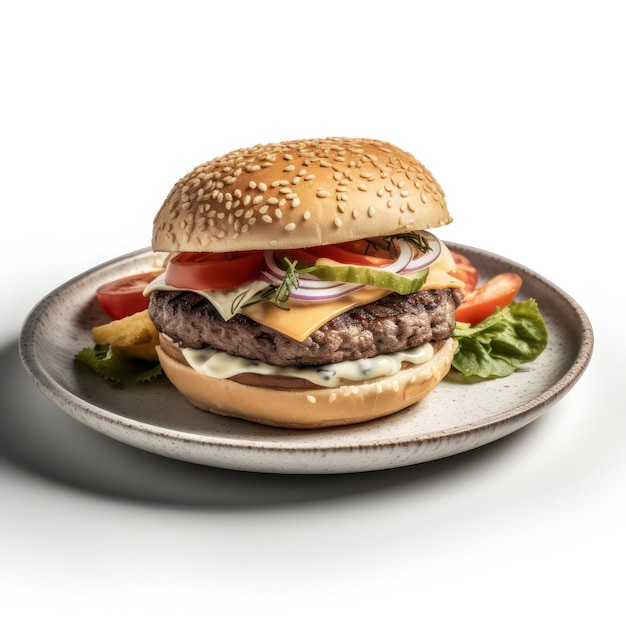 a plate of hamburger on white background for food photography