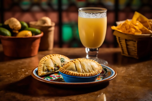 A plate of hand pies with a glass of juice on the table