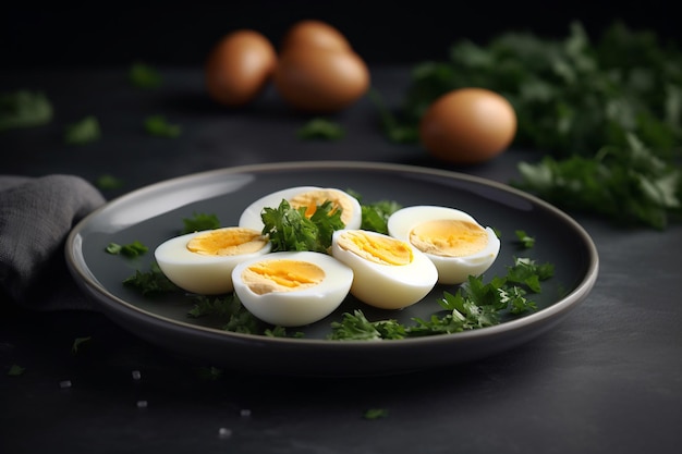 A plate of hard boiled eggs with parsley on the side.