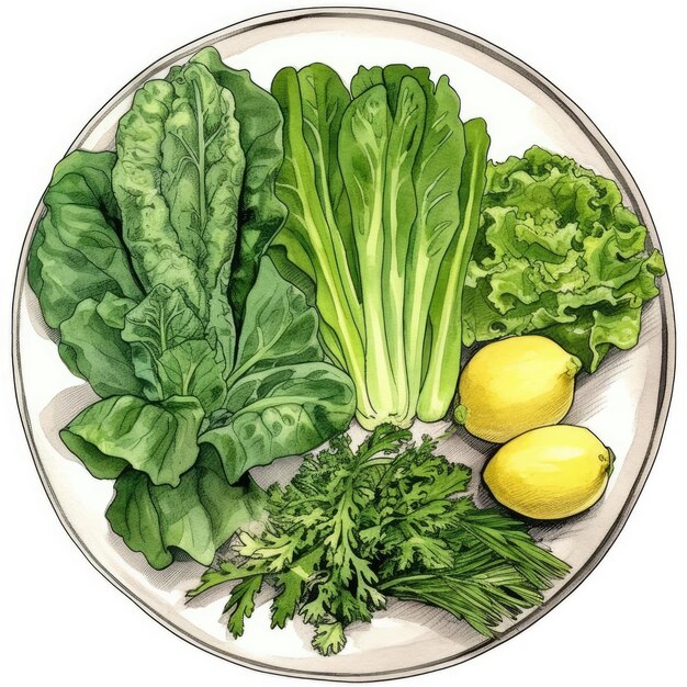 The plate has folaterich green leafy veggies kale spinach and romaine Generative AI