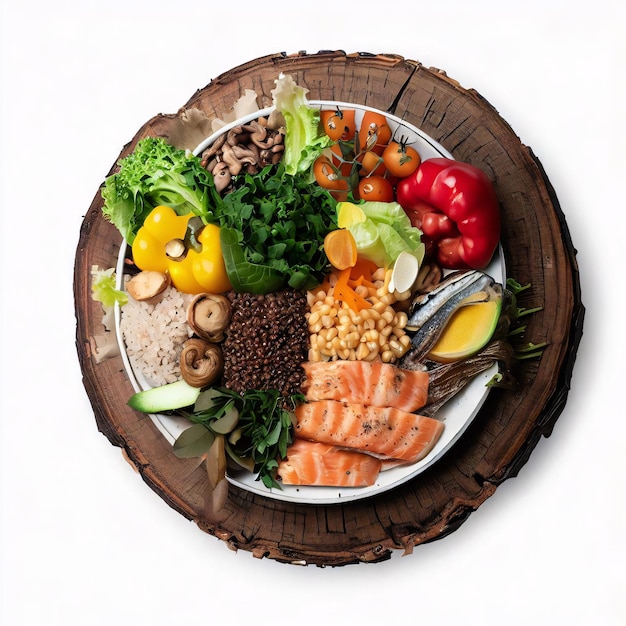A plate of healthy food on a rustic wooden board on a white background