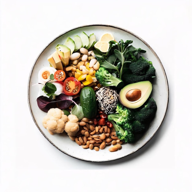 A plate of healthy food on a white background