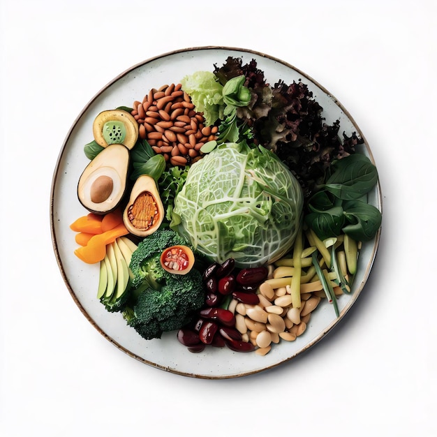 A plate of healthy food on a white background