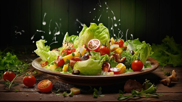 Тарелка здорового салата с помидорами и листьями салата