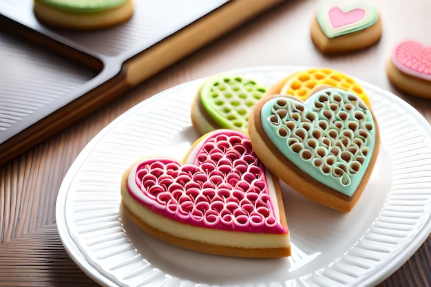 A plate of heart shaped cookies with the word love on it.