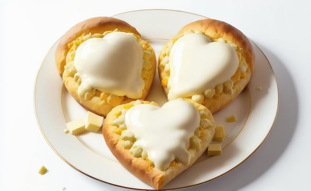 A plate of heart shaped pastries with a white heart on top.