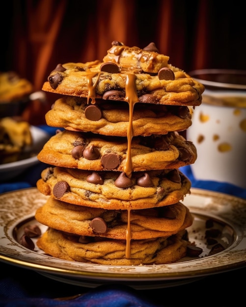 A plate holds a stack of chocolate chip cookies generative ai