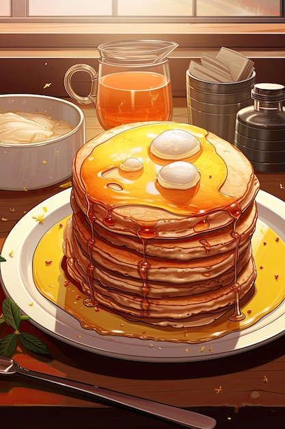 A plate holds syrupdrizzled buttered stack of pancakes Generative AI