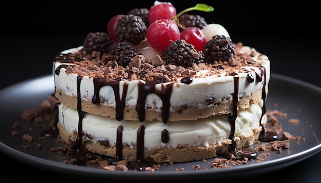 A plate of homemade chocolate cake with raspberry and whipped cream generated by artificial intelligence