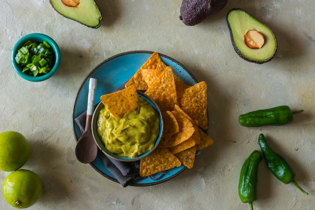 Plate of homemade guacamole with nachos. 