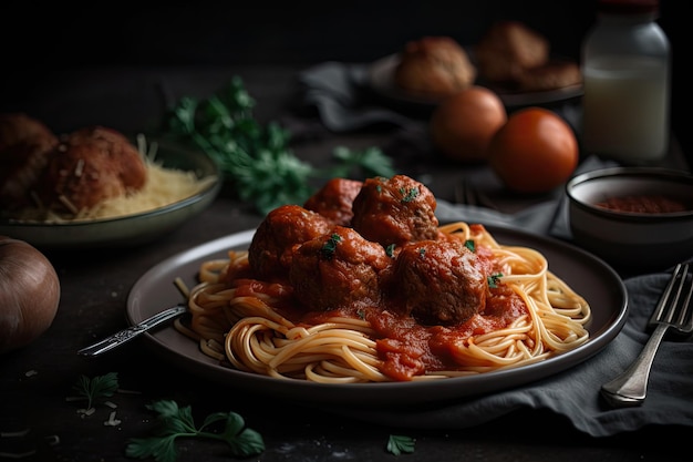 Plate of homemade spaghetti and meatballs