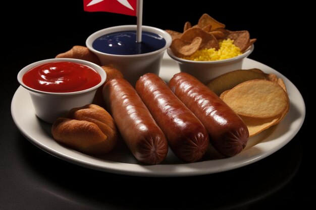 Photo a plate of hot dogs and buns with a flag on it