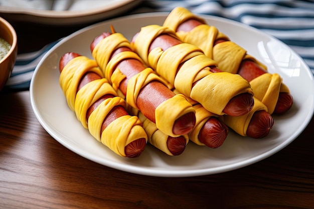Plate of hot dogs each wrapped in its own unique way
