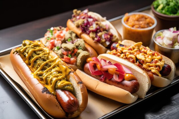 Plate of hot dogs with different toppings and flavors including ketchup mustard and relish