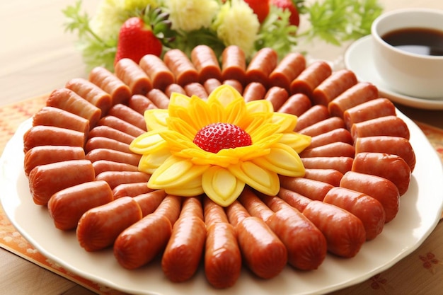 Photo a plate of hot dogs with a flower on it