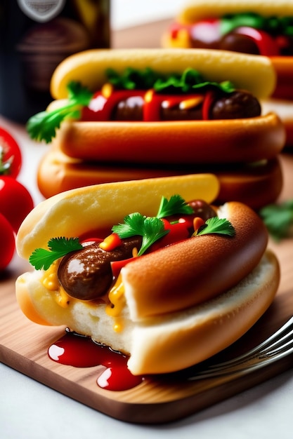 A plate of hot dogs with ketchup and mustard on top