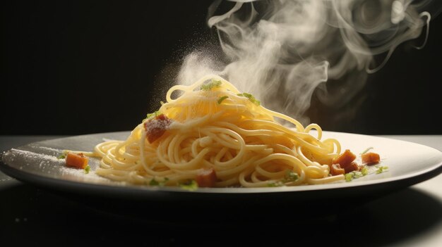 Plate Of Hot Spaghetti Carbonara Coming Out Background Hd Generative Ai