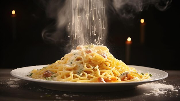 Plate Of Hot Spaghetti Carbonara Coming Out Background Hd Generative Ai