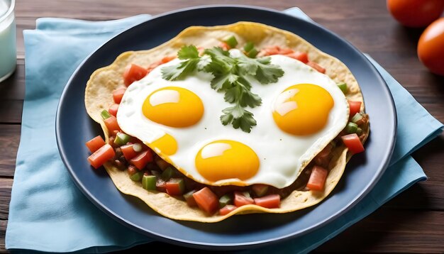 Photo a plate of huevos rancheros topped with two eggs and tomatoes