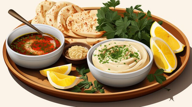 Plate of Hummus Pita Bread Lemon Wedges for Ramadan 2024